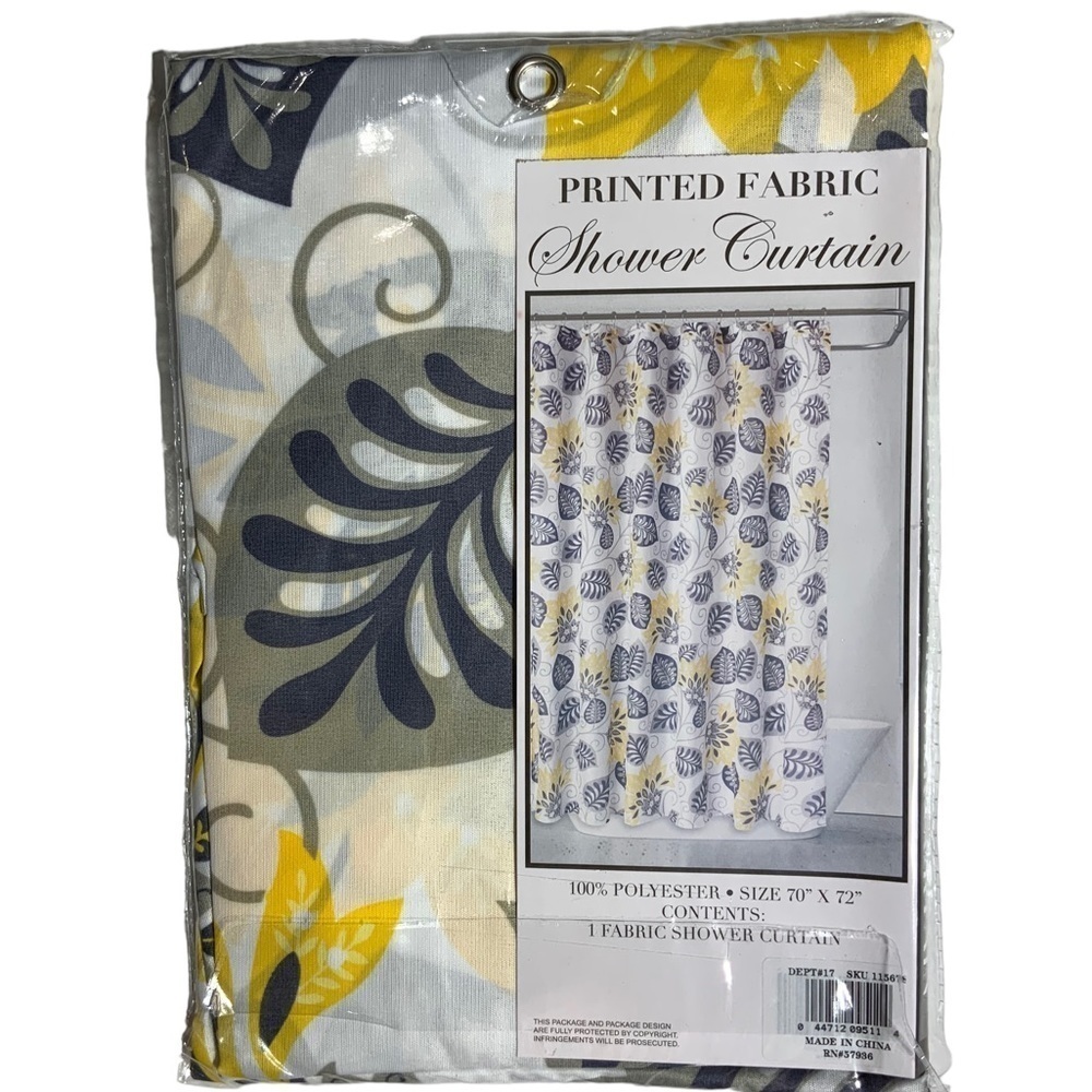Shower Curtain Fabric Botanical Leaf Print Multicolor Blue Black Grey Yellow - Picture 3 of 11